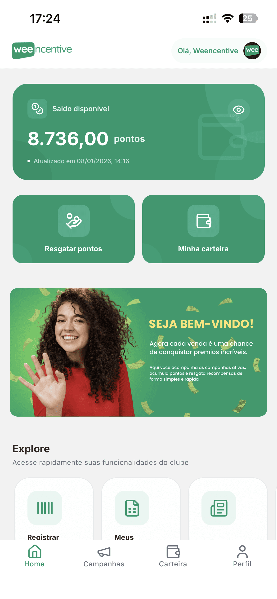 Screenshot do aplicativo whitelabel weencentive mostrando campanhas de incentivo e premiacao para vendedores