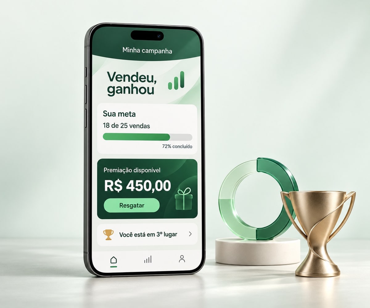 Aplicativo do vendedor com campanha, meta, saldo e ranking