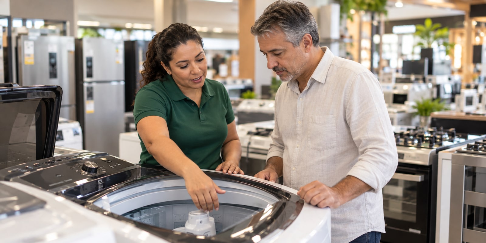 Vendedora demonstrando uma máquina de lavar a um cliente na loja