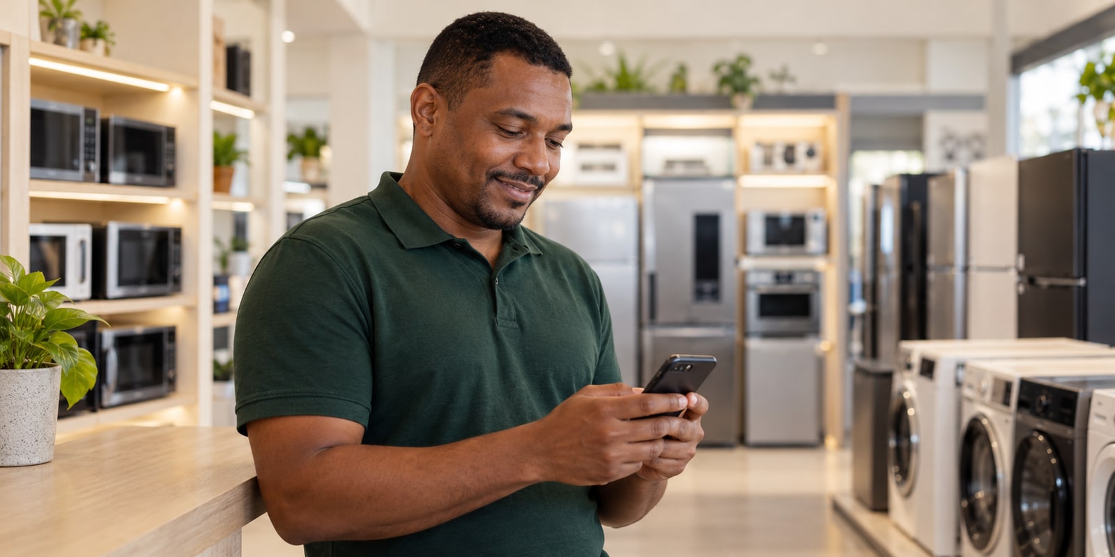 Vendedor consultando seu celular no balcão de uma loja de eletrodomésticos