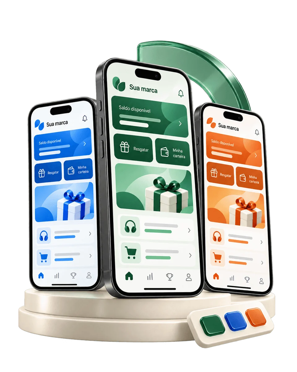 Composição 3D de aplicativos personalizáveis em três celulares, com cores verde, azul e laranja